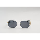 Panther - R09 - Black - Golden - Wooden Texture - Rimless - Metal - Hexagonal Round - Sunglasses - Eyewear